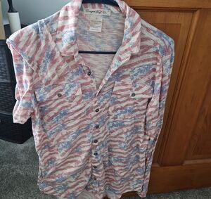 Cowgirl Tuff Long-Sleeve Button-Down Shirt in faded red & blue